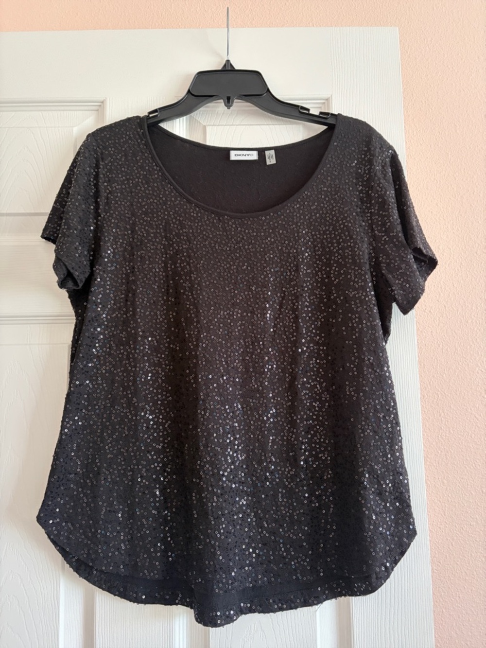DKNY Black Short-Sleeve Sequin Scoop Neck Top